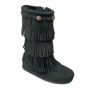 Minnetonka Kids Tall Zip 3-Layer Fringe Boots Size 2 EUC